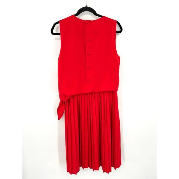 MARELLA Red Sleeveless Blouson Pleated Side Tie Button Back Midi Dress Size 8 - Picture 4 of 9
